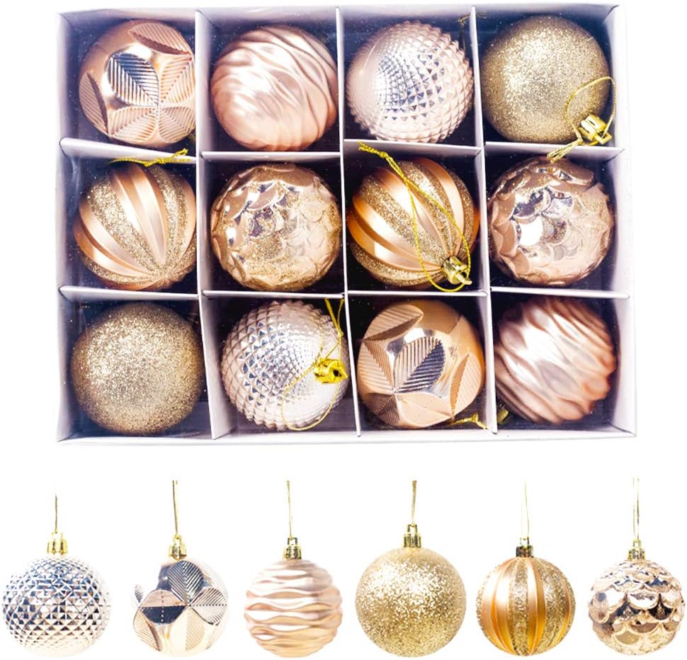 12Pcs Christmas Tree Ball Assorted Ornaments Rose Gold, 2.4” Christmas Shatterproof Shine Ball Decoration for Christmas Tree Holiday Party Wedding Indoor Outdoor, Gift Boxes Ideal