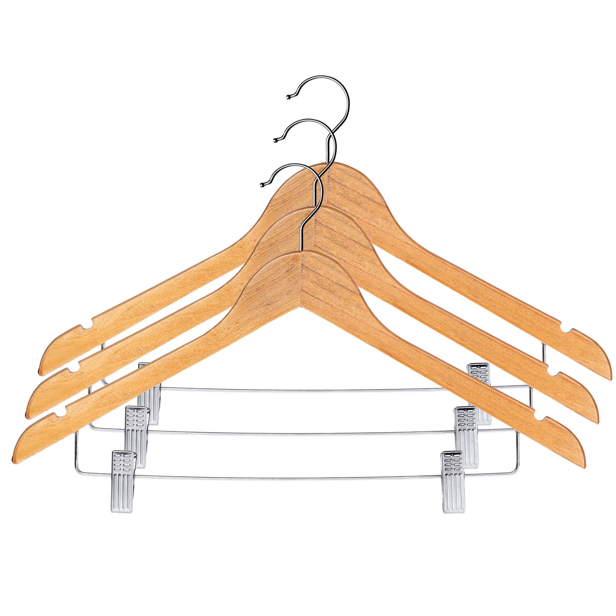 KADAX Wooden Hanger with Metal Clips for Clothes, Universal Wardrobe Hanger with Anti-Slip Properties for Trousers, Skirts, Jackets, Coates (Set of 3)