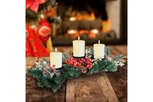 MorTime Christmas Centerpiece with 3 Candle Holders, Xmas Tabletop Decor with Red Berries Pine Cones with Steel Base for Indoor Home Table Christmas Decoration