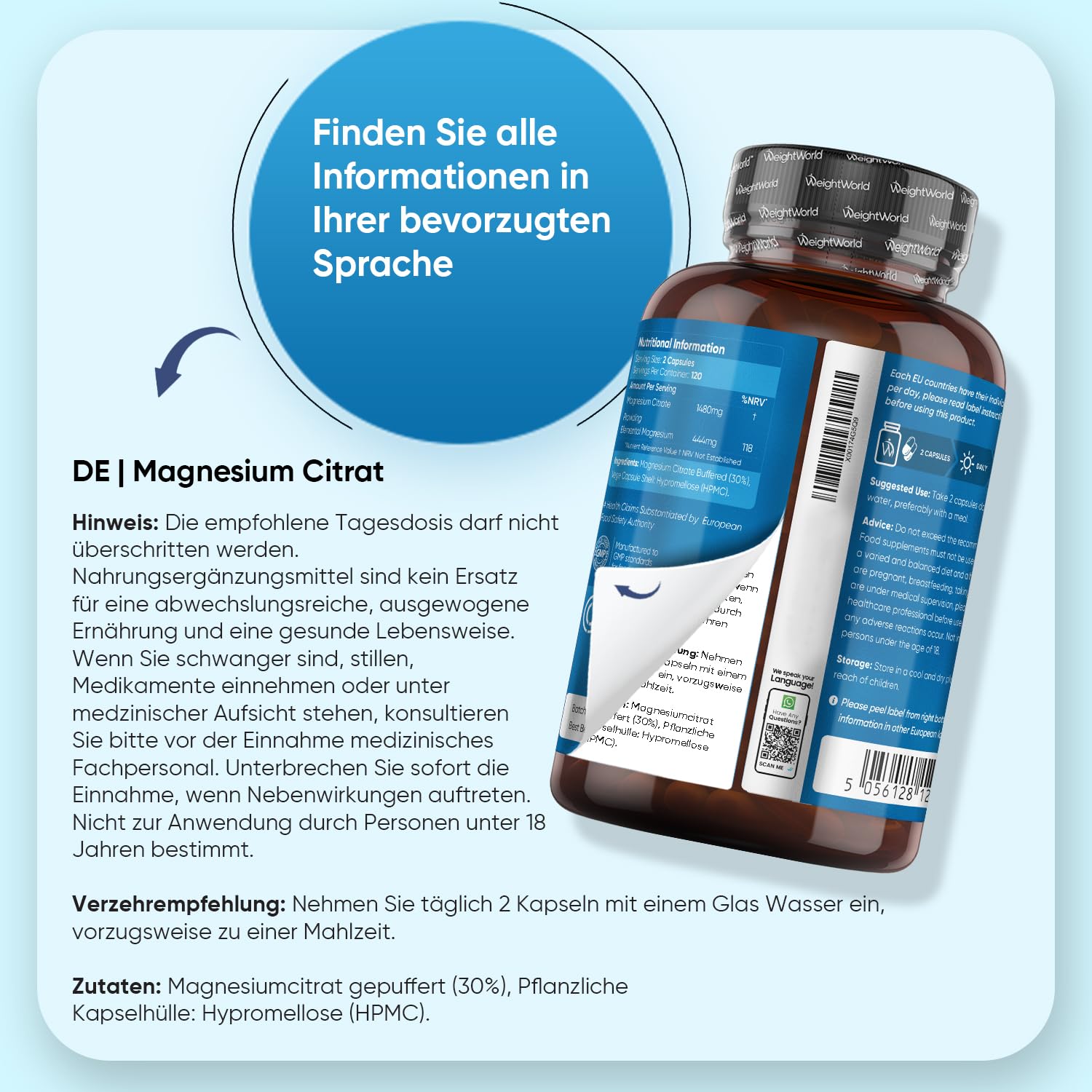 Magnesiumcitrat Kapseln gepuffert - 444mg Elementares Magnesium pro Portion - 240 Kapseln - 4 Monate Vorrat - Magnesium trägt zur Verringerung von Müdigkeit & Erschöpfung bei (EFSA) - WeightWorld 4