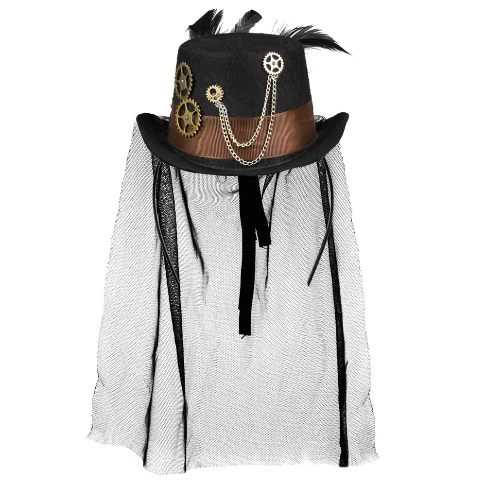 Boland Steampunk Steamgear Hair Band - Black Miniature Cylinder Hat with Tulle Veil, Satin Band, and Decorative Gears - Perfect Accessory for Costumes