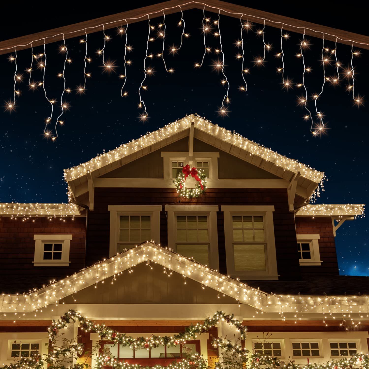 ANSIO Icicle Lights 320 LED 11m/35ft Indoor & Outdoor Warm White Decorations String Fairy Lights with Timer for Xmas Garden Bedroom & Party|Mains Powered Clear Cable