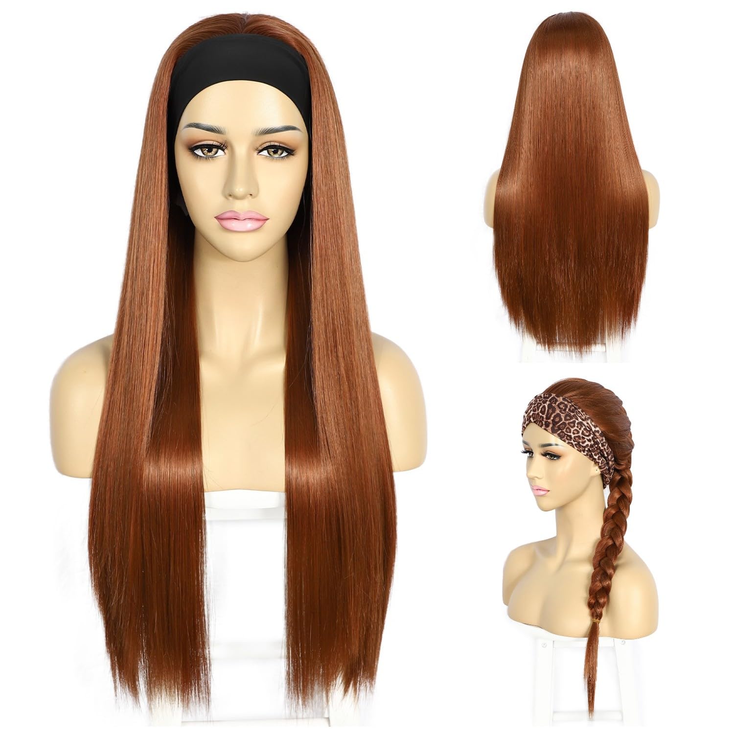 Sapphirewigs Auburn Straight Headband Wigs for Women Straight Synthetic Ginger Orange Glueless Headband Wig Heat Resistant 26 inch