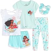 Disney Minnie Mouse Moana Little Mermaid Girls 5 Piece Set with 2 Tops, Leggings, Shorts & Scrunchie for Toddlers & Big Kids