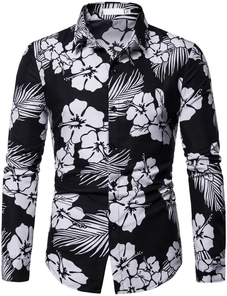 Lazzboy Men Shirt Tops Print Button Long Sleeve Stand Collar Male Oxford Casual Blouse