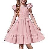 Arshiner Girls Dresses Double Pleated Sleeve Square Neck Off Shoulder with Pockets Tween Sundress Size 5-16