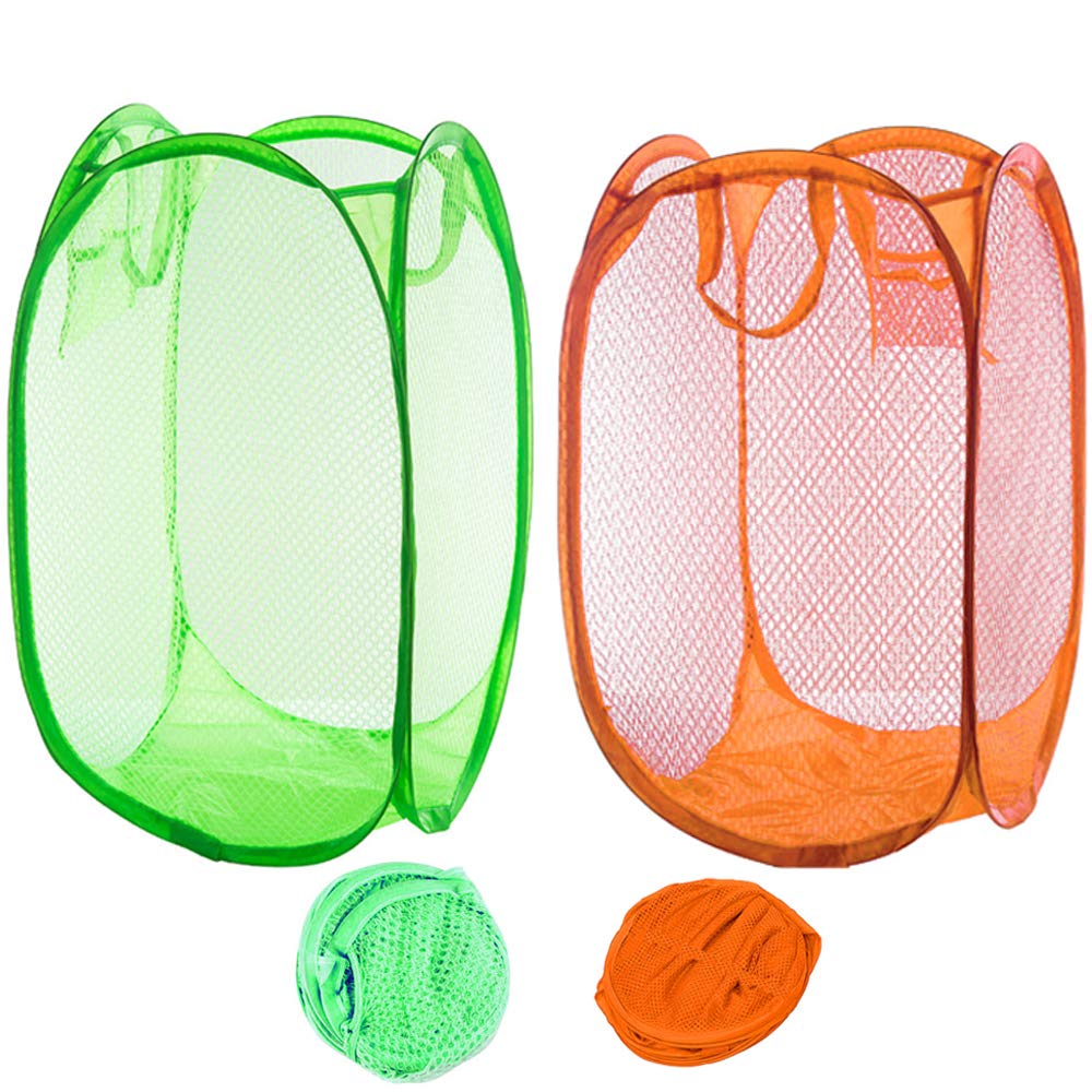 Qtopun Mesh Popup Laundry Hamper, Foldable 2 Pack Portable Dirty Clothes Basket Collapsible Hamper for Bedroom, Kids Room, College Dormitory and Travel (Green+Orange),12.6 inch 12.6inch * 20.5inch โ image 1