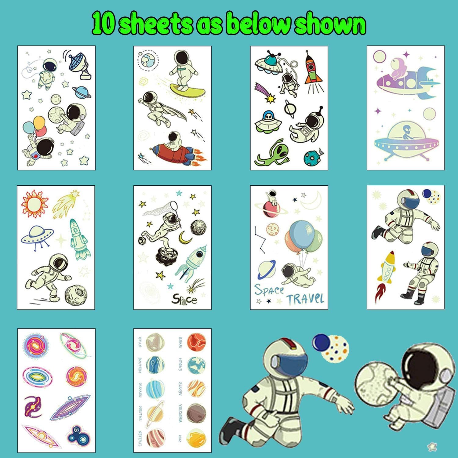 Leesgel Luminous Temporary Tattoos for Kids Space Theme Glow Party Decorations for Boys Girls Birthday Party Supplies Favors Toys Goodie Bag Fillers Games Prizes for Children-(10 sheets) - Image 3