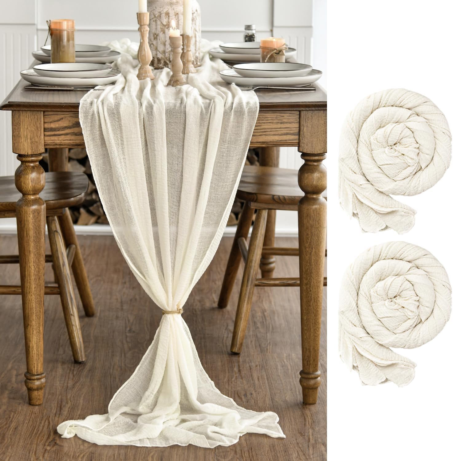 Artoid Mode Boho Beige Gauze Wedding 2 Packs Cheesecloth 300 cm Table Runner, Bridal Fabric Kitchen Dining Holiday Table Decor for Home Party