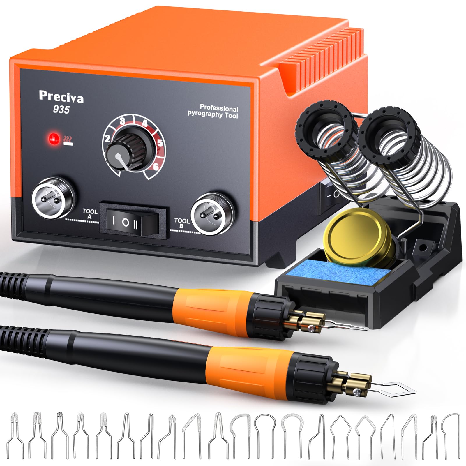 Wood Burning Kit, Preciva 935 Pyrography Wooding Burner Tool Set, 250-750°C Temperature Adjustable Encarving Kit with 2 Pyrographing Pen, 20 Soldering Tips, Fast Heating for DIY Engraving Work