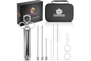 COOKHOUSE EMPIRE Meat Injectors for Smoking - Stainless Steel Marinade Injector Kit with Case and Window for BBQ, Grilling - 3 Syringe Needles for Injection of Flavor, Sauce - Food Injector for Turkey, Beef, Brisket