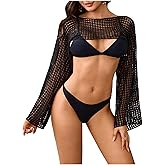 OYOANGLE Women's Hollow Out Crochet Long Sleeve Cropped Top Sheer Lightweight Knit Crop Tops Swimsuit Cover Ups