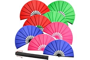 ATTRACME 8 PCS Large Folding Fans Set for Line Dance & Popping, Boots on The Ground Hand Fans with Fan Sleeves, Chinese Kung Fu Fan for Line Dancing for Men Women - Royal Blue, Rose Red, Green, Red