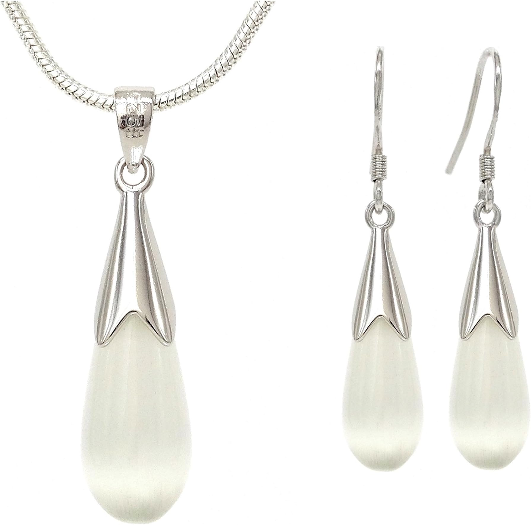 White drop moonstone necklace pendant and earrings genuine sterling silver purple jewellery bag and black gift box