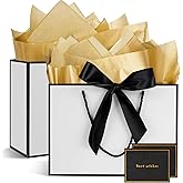 Gfractolux Gift Bags - 2 Pcs Medium Bags with Tissue Paper and Cards, Handles for Birthdays, Baby Showers, Weddings, Parties, Holidays - 11"X7.9"X3.9" (White and Black)