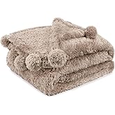 PAVILIA Tan Sherpa Throw Blanket for Couch, Warm Plush Pom Pom Blanket Throw Twin, Fuzzy Sofa Blanket Throw for Bed, Lightweight Soft Cozy Fluffy Blanket with Pom Poms, Taupe, 60x80