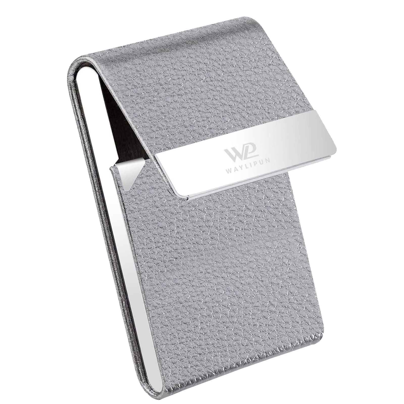 Waylipun Professional PU Leather Business Card Case, Slim Metal Pocket Card Holder with Magnetic Shut - High Capacity & Lightweight, Grey