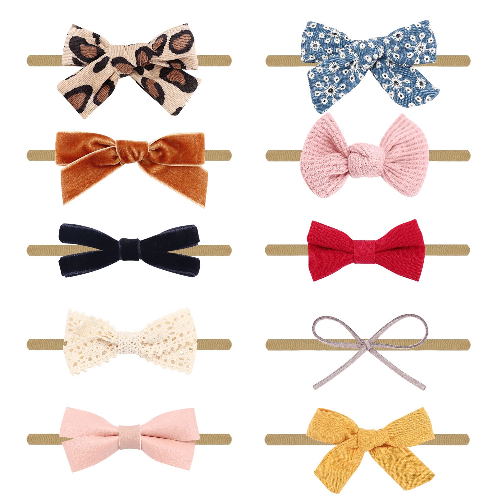 DRESHOW 10 Pack Baby Headbands for Girls Newborn Baby Nylon Headbands with Bows Hair Accessories