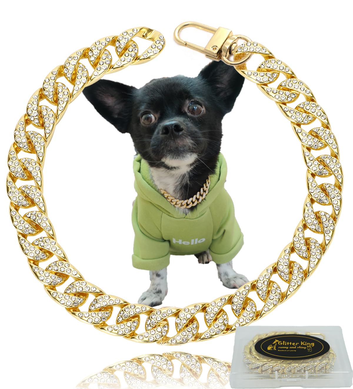 Gold Dog Collar puppy Zircon 14mm Cuban Link Chain Handmade Iced out Diamond Exaggerated Full Cz Prong Set Pet Jewelry (16", Gold)