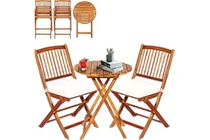 S AFSTAR Bistro Table and Chairs Set of 2, Acacia Wood Folding Bistro Set for 2 with Detachable Soft Cushions, 3PC Outdoor Wood Bistro Set for Patio, Balcony, Garden & Yard (Natural Color)