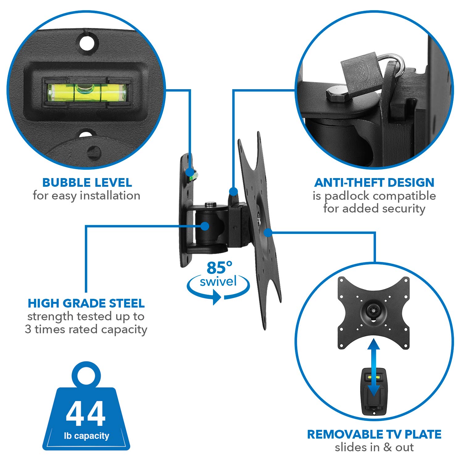 Mount-It! Locking TV Wall Mount, Full Motion TV Mount with Anti-Theft Lockable Quick Release VESA Head, Fits VESA 100, 200 and 400, 44 Lbs Capacity