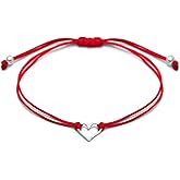 Red Thread Womens Friendship Bracelet, Small Sterling Silver 925 Open Heart Shaped Charm, Pull Adjustable Kindred Cord, Handmade. Perfect Small Gift