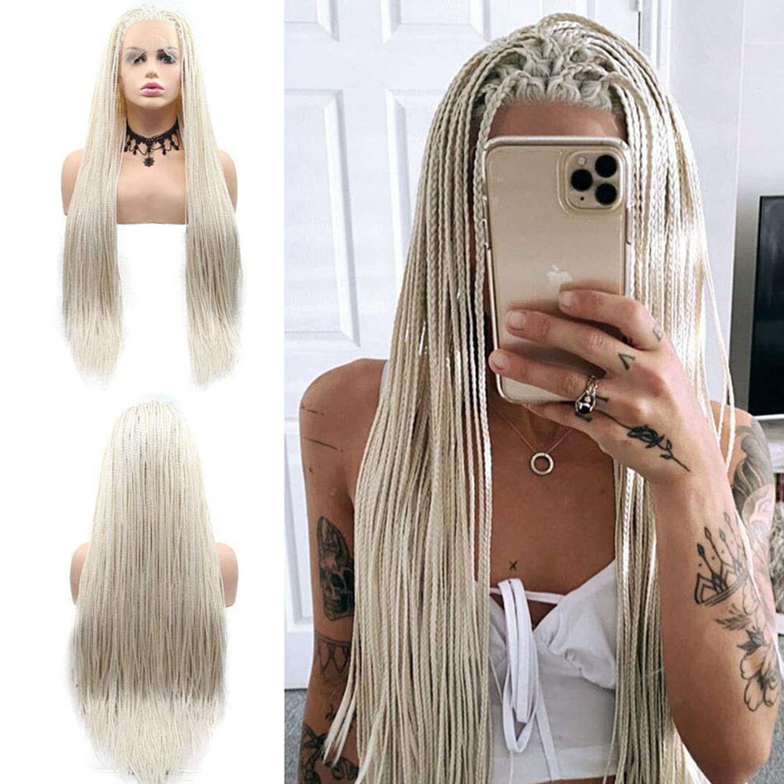 Platinum Blonde Braided Wigs for Afro Women Long Straight White Box Braid Wig Pre-Plucked Hairline Micro Glueless Synthetic Braids Lace Front Wig Heat Resistant Soft Braiding Hair Cosplay Daily 26Inch — image 1
