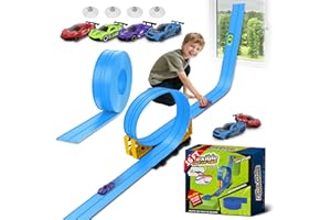 PUPPILUV Flex Race Track 16 Ft with Suction Cups Compatible with Diecast 1/64th Cars, Flexible Car Track Toys for Ages 3+ Kids Toddlers Roll Out Portable Racetrack (Light Blue)
