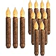 ONEIHOMM 12 Pcs 6.5'' Battery Operated Hand Dipped Real Wax Rustic Flameless Taper Timer Primitive Candles with Amber Yellow Flickering Lights for Halloween Country Home Decor