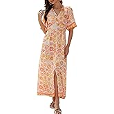Women's V-Neck Short Sleeve Summer Dress, Floral Boho, Casual Style, Sundress Beach Long Maxi Outfits