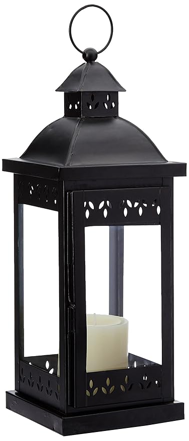 Hosley Decorative Iron Lantern with Pillar Candle (13.97 cm x 13.97 cm x 35.56 cm, Black)