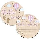 Hello World Baby Sign, 5.9 Inch Double-Sided Wooden Cute Baby Announcement Sign, Birth Announcement for Newborn Boy Girl Phot