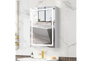 VOWNER Bathroom Medicine Cabinet with LED Lights and Mirror, Wall Mounted Mirror Cabinet with Adjustable Shelf, Defogger, Memory 3-Color Mode, Dimmer, Anti-Fog (Engineered Wood, 20"×28")