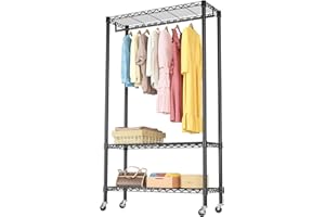 Golpart Portable Closet Rolling Clothes Rack for Hanging Clothes,3-Tier Ajustable Shelve Garment Rack Clothing Rack on Wheel,Heavy Duty Freestanding Metal Wardrobe Closet Storage for Bedroom,Black