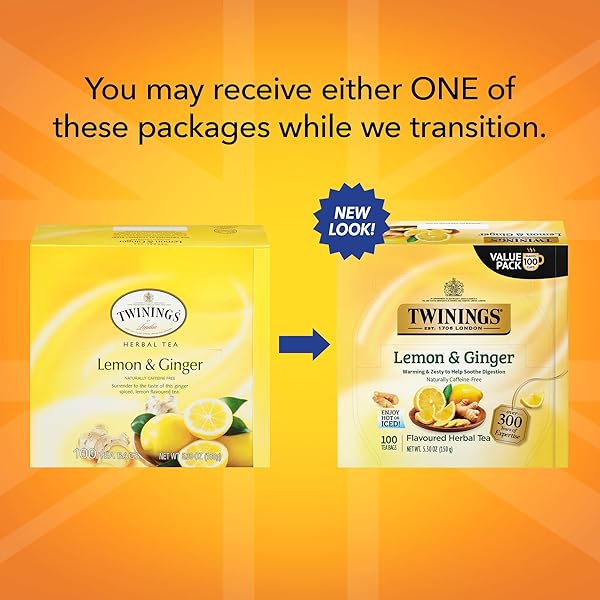 TWININGS LEMON & GINGER HERBAL TEA INDIVIDUALLY WRAPPED BAGS, 100 COUNT (PACK OF 1), TANGY LEMON, SPICY GINGER, NATURALLY CAFFEINE-FREE, ENJOY HOT OR ICED, 100 TEABAGS