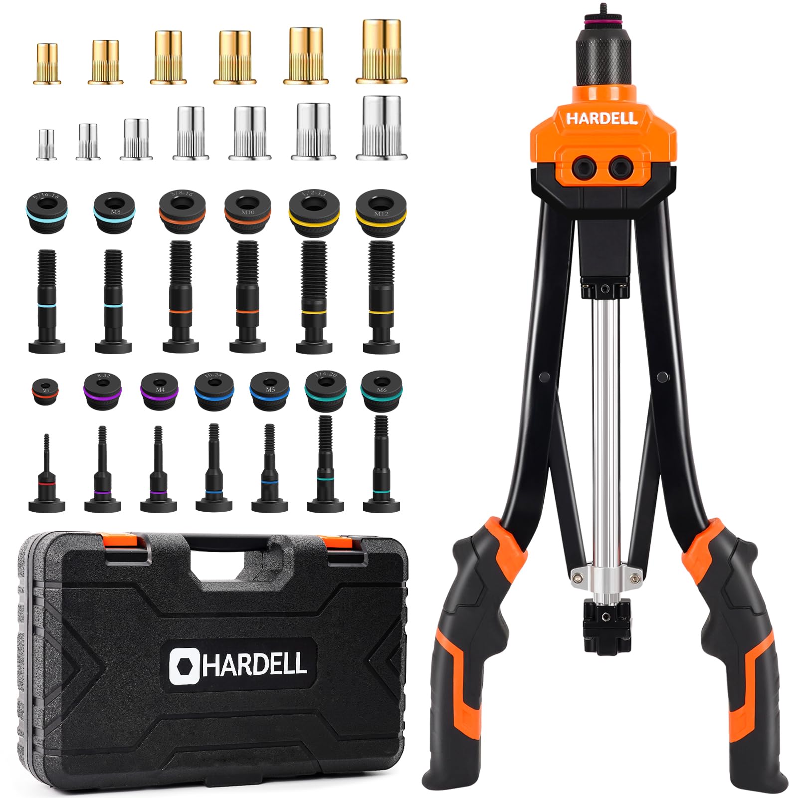Photo 1 of HARDELL Rivet Nut Tool, 16-Inch Auto Release Rivet Nut Rivnut Tool Kit with 13 Metric and SAE Mandrels, 186Pcs Nutsert Assortment Kit and Rugged Carrying Case