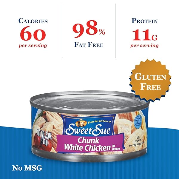 SWEET SUE CHUNK WHITE CHICKEN IN WATER, 5 OZ CAN (PACK OF 1) – 11G PROTEIN PER SERVING – GLUTEN FREE, KETO FRIENDLY – GREAT FOR SNACK, LUNCH OR DINNER RECIPES