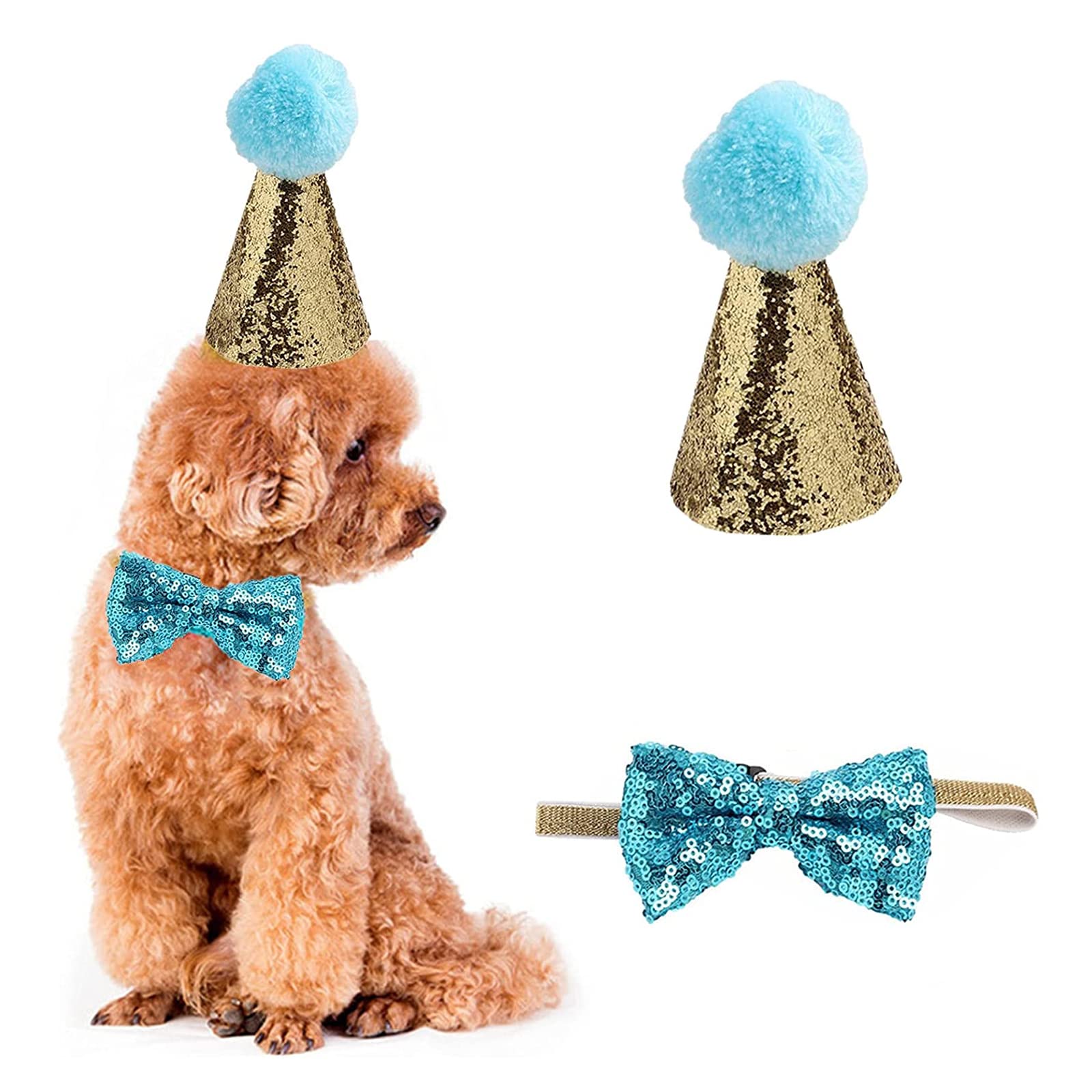 Dog Birthday Hat, Pet Dog Cat Birthday Hat and Bow Tie Collar Pet Birthday Costumes Outfit Headwear Party Decorations for Puppy Kitty (LIGHT BLUE)