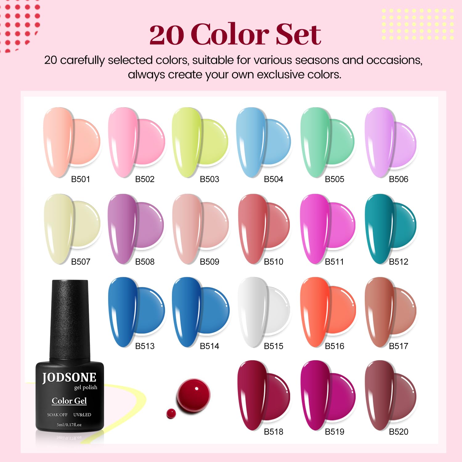 JODSONE 23 PCS Gel Polish Kit Colorful Fashion Classic Nail Gel Set 3 Bottles of Base Coat Matte and Glossy Top Coat - Image 4