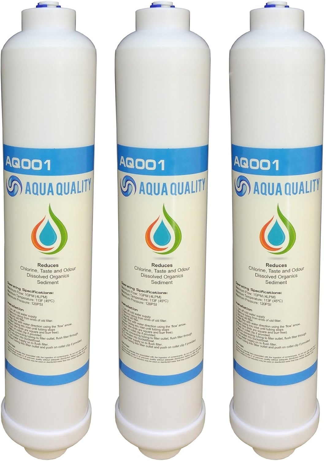 Aqua Quality Water Filter, In Line, 3 Pack - Also Suitable for Fridge Under Sink, Plumbed in Water Cooler, NSF/ANSI 42 Certified