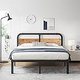 ZIYOO King Size Metal Bed Frame with Solid Wooden Headboard, Country Style Bed Platform, 14 Inch High Heavy Duty Steel Slats Support, No Box Spring Needed, Easy Assembly