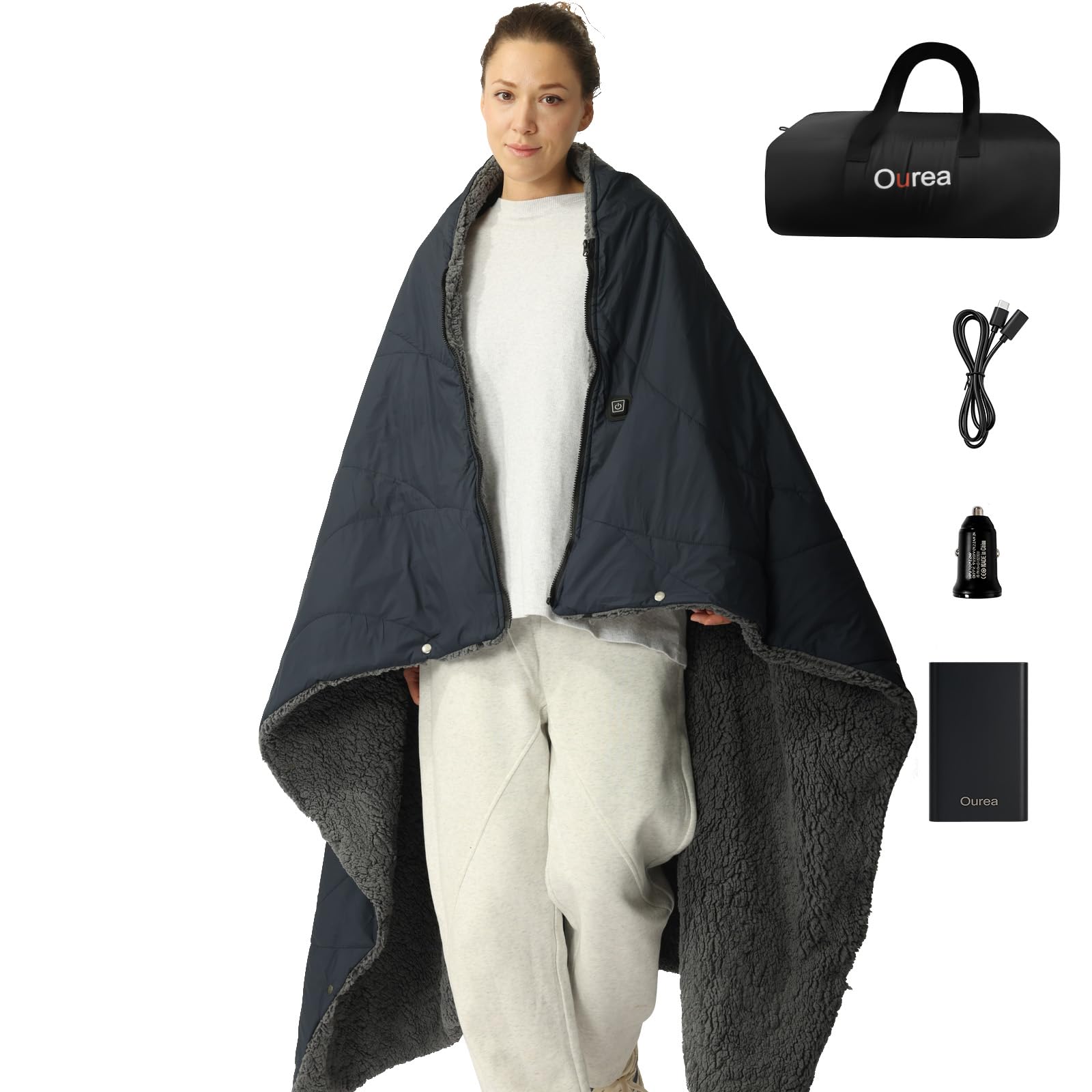 Photo 1 of *** BROKEN ZIPPER ON BAG ***Ourea Battery Operated Heated Blanket for Outdoor Use-Rechargeable 12v Cordless Heated Blanket with 3 Heating Levels, Includes 20000mAh Power Bank, Portable for Camping, Car, Stadium, Indigo