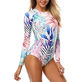 AXESEA Womens Long Sleeve Rash Guard UV UPF 50+ Sun Protection Printed Zipper Surfing One Piece Swimsuit Bathing Suit