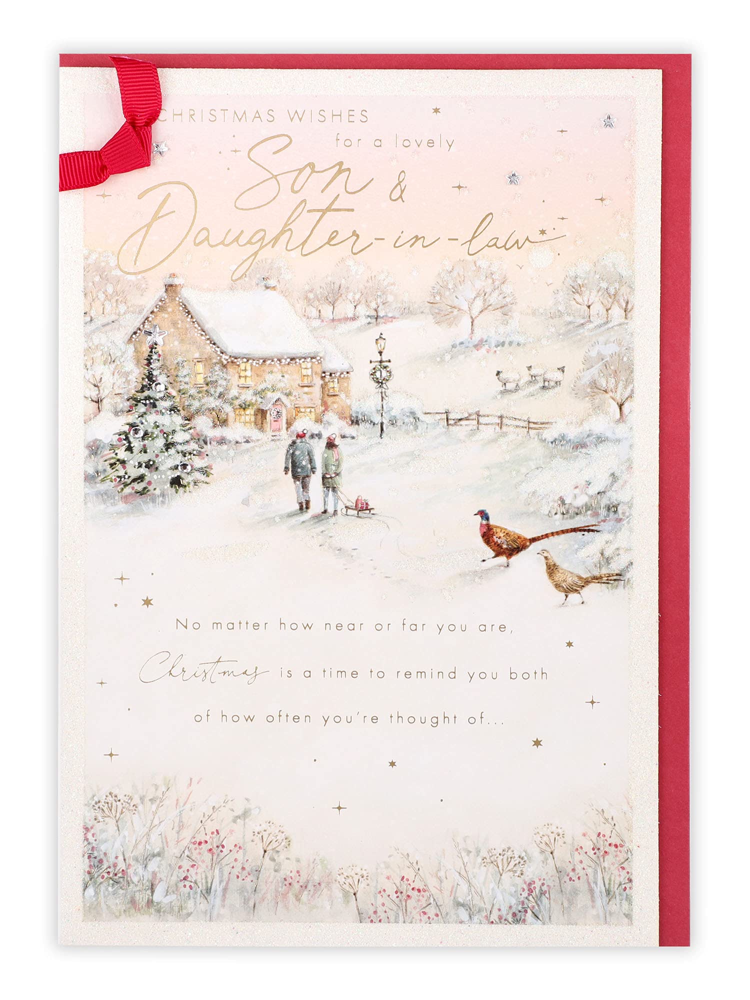 Clintons: Son and Daughter in Law Couple And Snowy House Scene Christmas Card, Multi-Colour, 155 x 235, 1181386