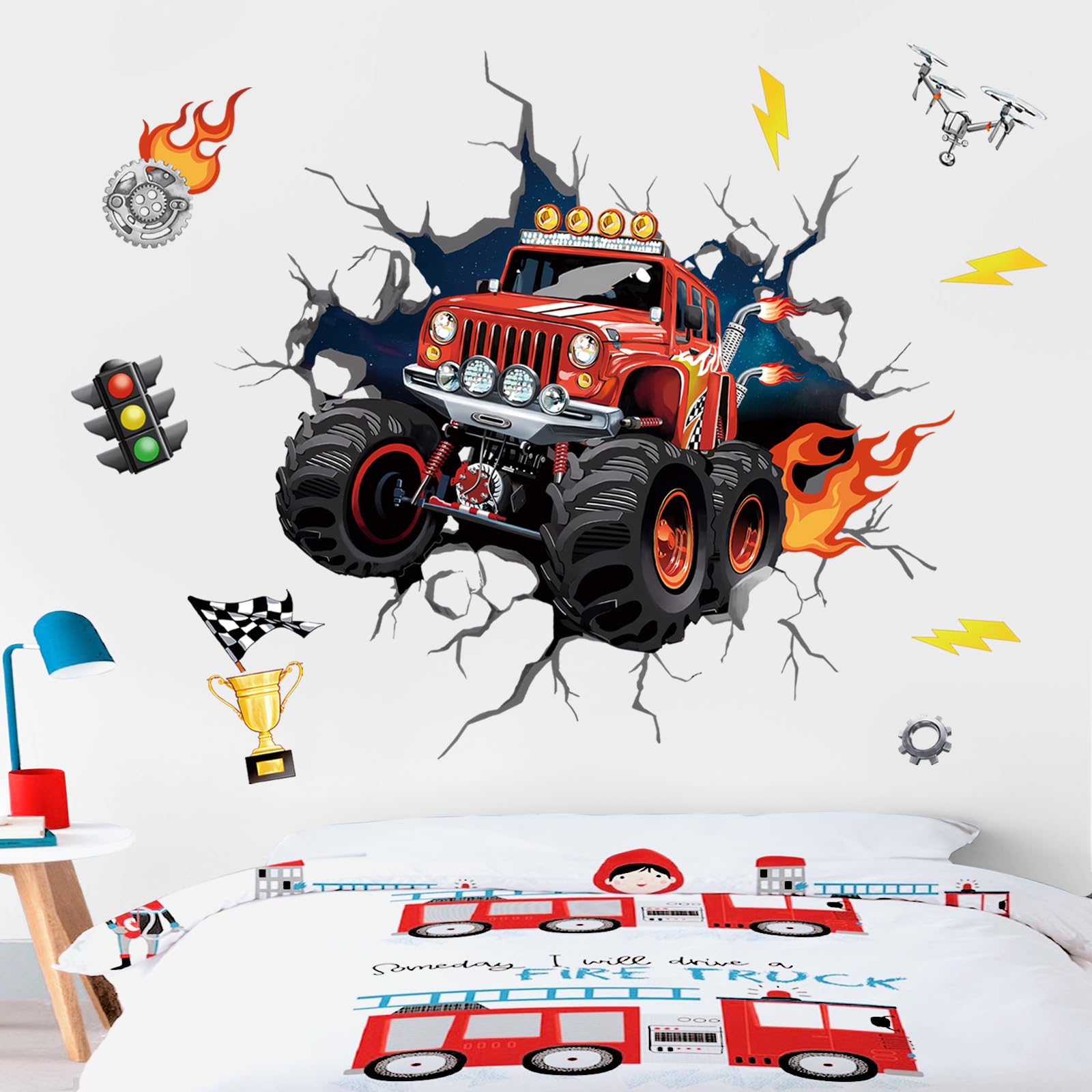 wondever 3D Racing Car Wall Stickers Break Through Running Car Truck Peel and Stick Wall Art Decals for Kids Bedroom Boys Room Playroom