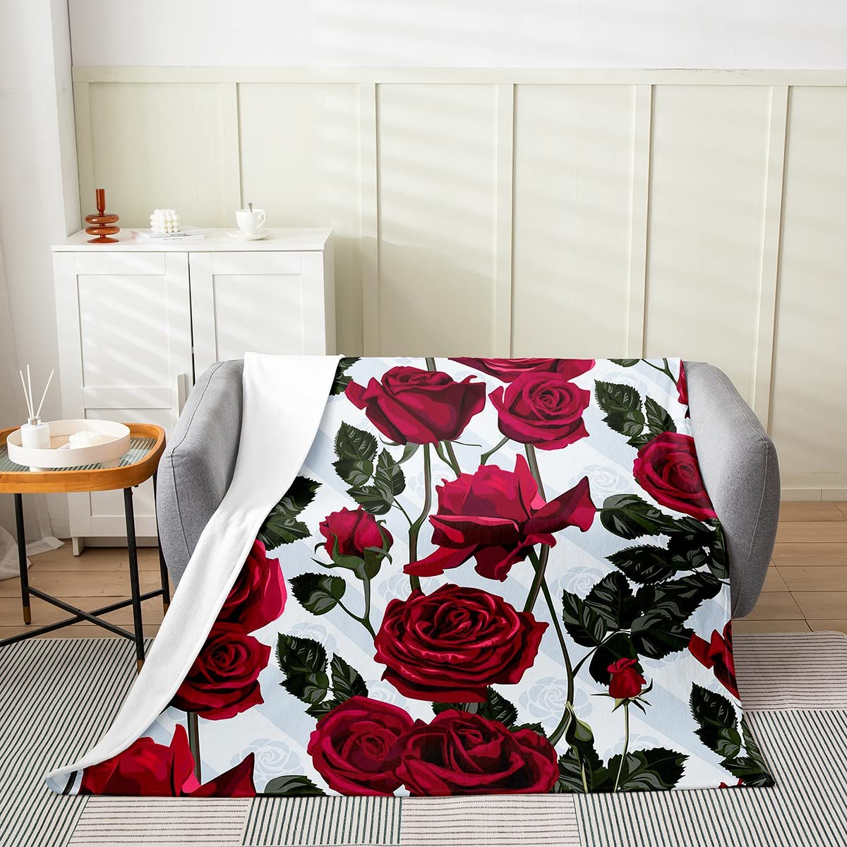Loussiesd Red Rose Fleece Throw Blanket For Bed Sofa,Kids Rose Floral Fuzzy Blanket,All Season Flower Bed Blanket Garden Botanical Plush Blanket Queen 90x90 Inch