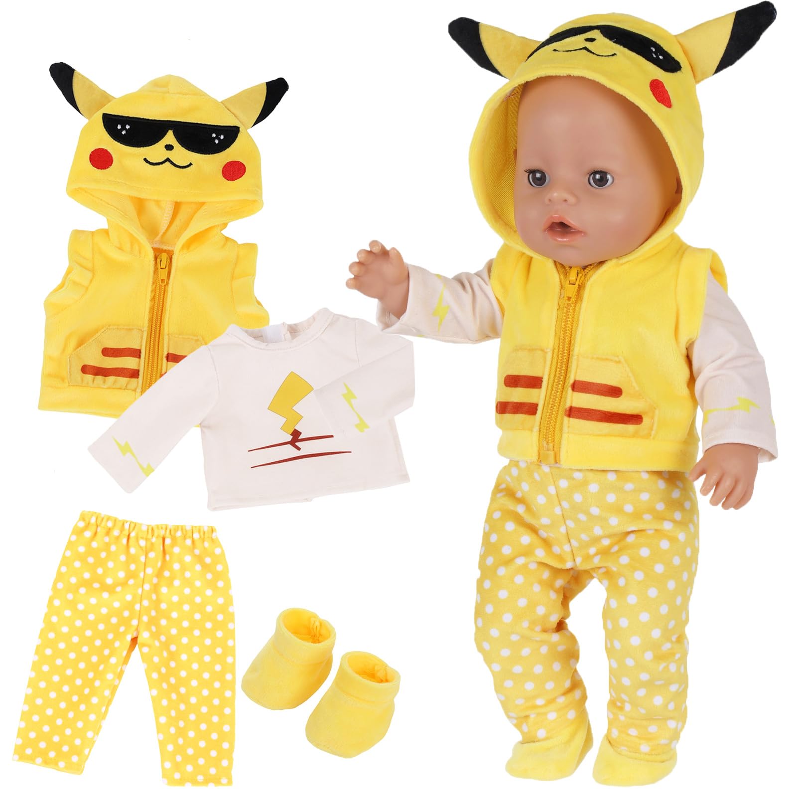 Baby Doll Clothes for 14-18 inch Baby Dolls , 4 Pcs Yellow Squirrel Dolls Clothes Outfits with 1 Top 1 Waistcoat 1 Trousers 1 Socks for 30-45cm Newborn Baby Doll Clothes