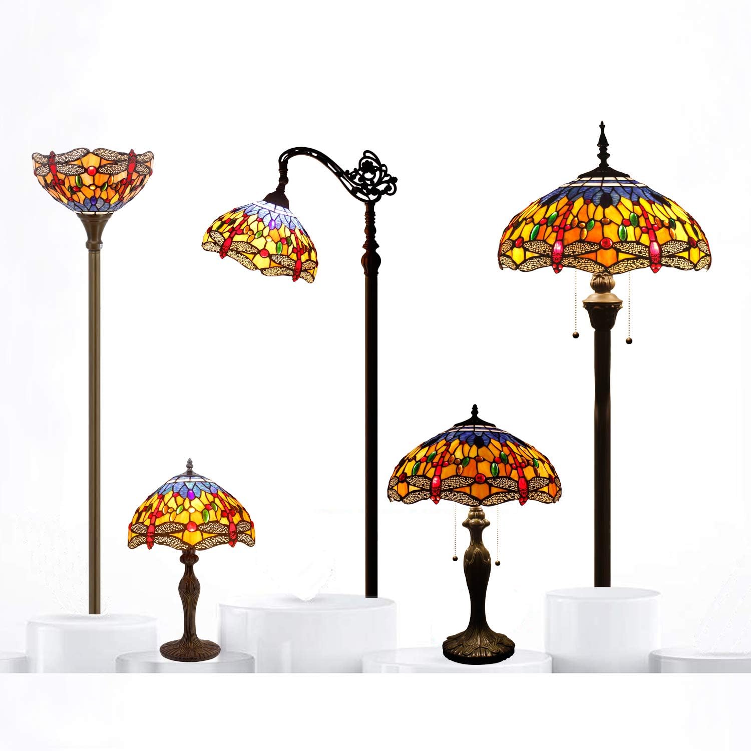 WERFACTORY Tiffany Lamp Stained Glass Bedside Table Lamp Orange Blue Dragonfly Style Reading Desk Light 12X12X18 Inches Decor Bedroom Living Room Home Office S168 Series - Image 5