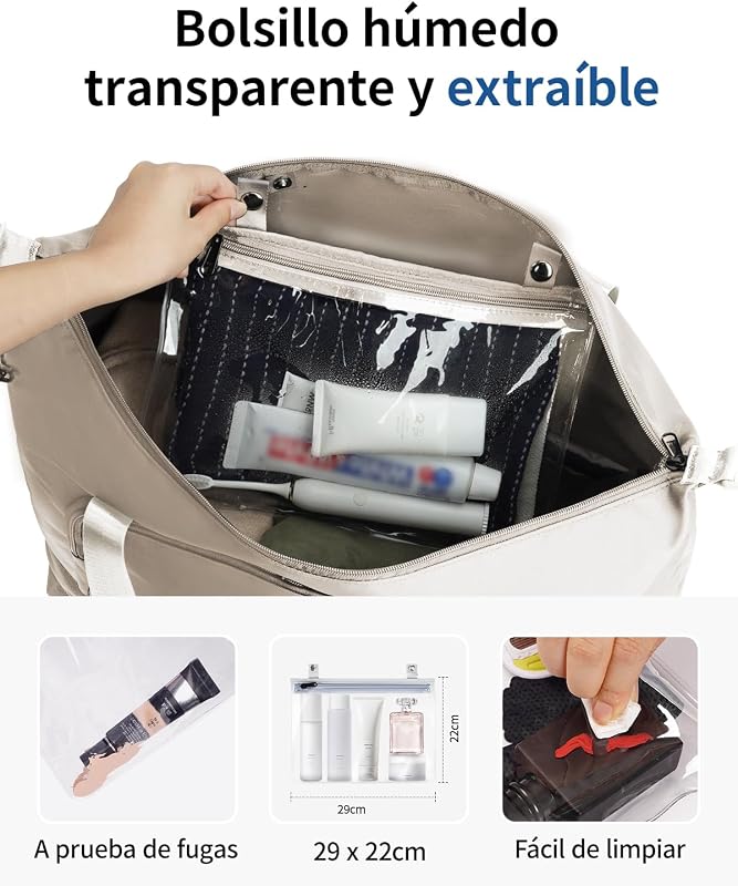 Bolsa de Viaje Plegable, Equipaje de Mano Ligera y Resistente al Agua para el Fin de Semana, Bolsa Viaje con Reciclada Bolsillo Húmedo Extraíble para Mujer y Hombre, 30L-Beige