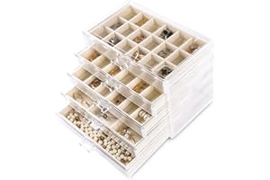 Frebeauty Acrylic Jewelry Organizer Earring Organizer Box with 5 Drawers Earring Holder Organizer with Velvet Trays Clear Jewelry Box for Women Earring Display for Rings Studs(Beige)